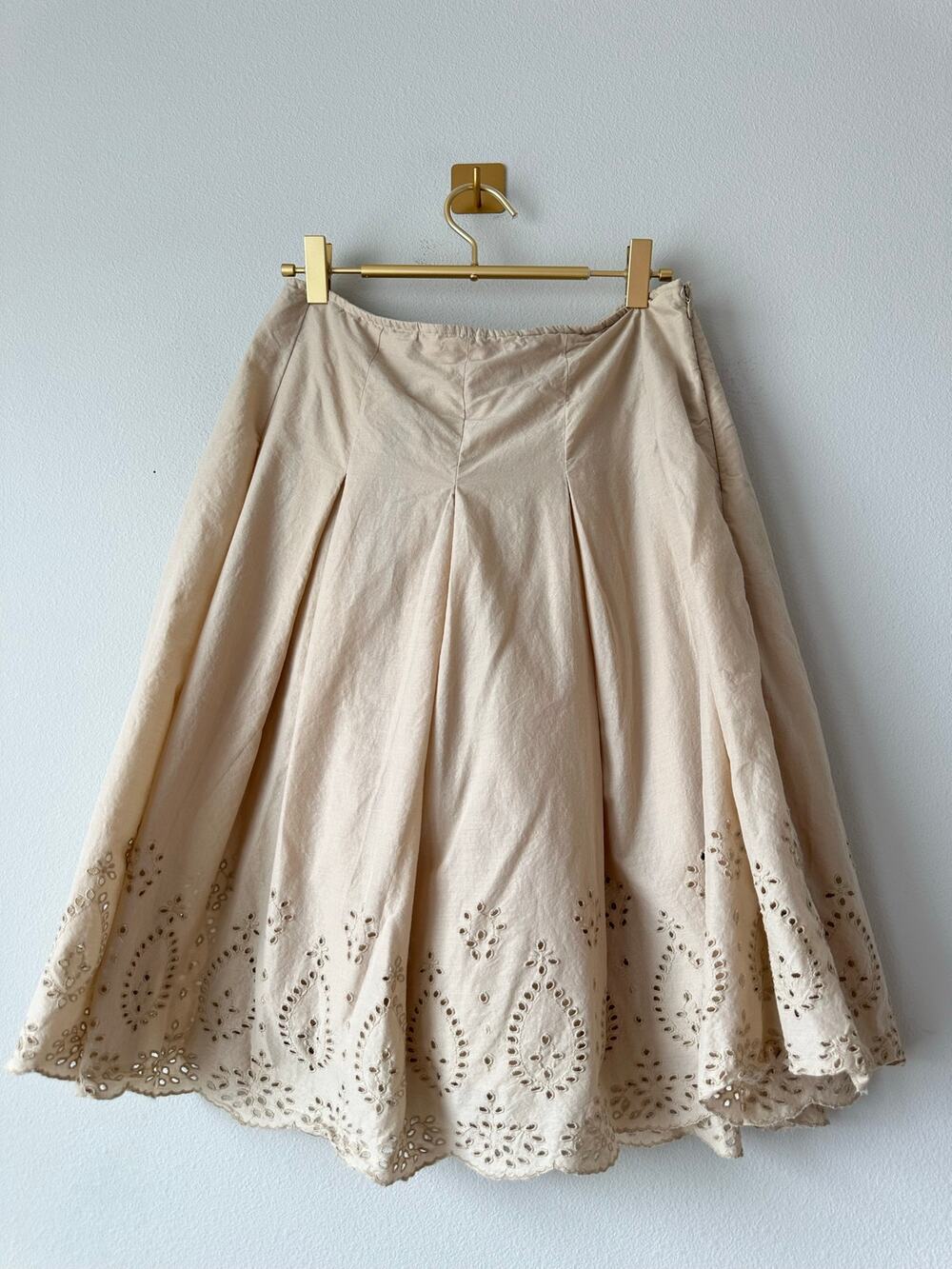 Y2K Tan Eyelet Cotton Full Midi Skirt Pleated Scalloped Hem Romantic Size 6